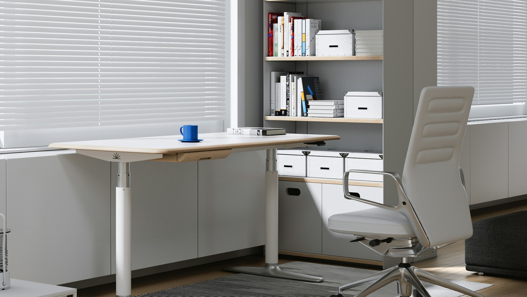 A bright, quiet office with a desk and bookshelves